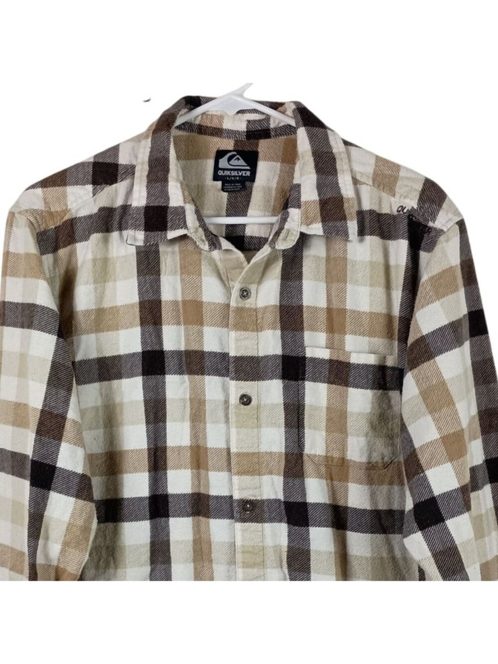 Quiksilver Plaid Flannel Button Up Shirt Mens L Tan Skater Outdoor Casual